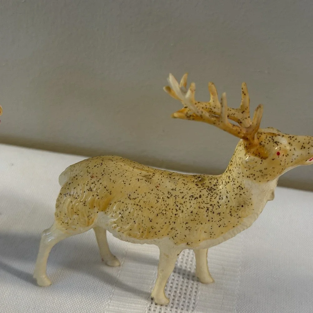 2 Thin Celluloid 1950's Reindeers Japan Christmas Figurine 3.5